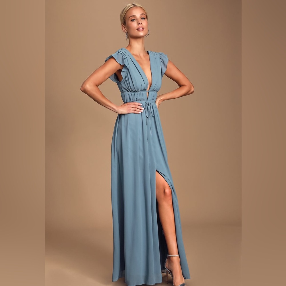 NWT Lulus I'm All Yours Slate Blue Ruffled Maxi Dress
